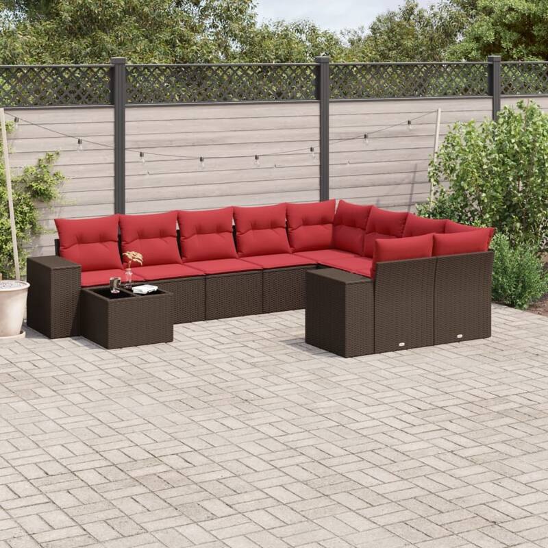 vidaXL 10 Piece Patio Sofa Set with Cushions Black/Brown/Gray Poly Rattan - 24.4 x 24.4 x 27.2