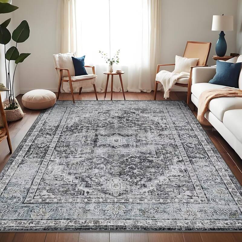 Machine Washable Area Rug Vintage Medallion Rugs Non Slip Low Pile Bedroom Rug - 9'x12' - Gray Blue