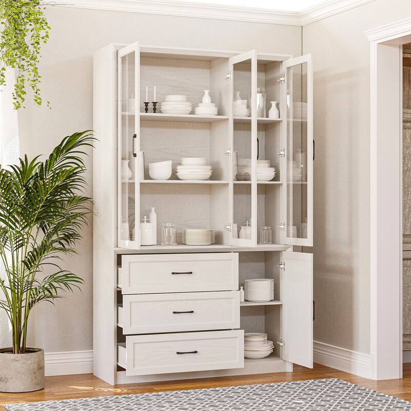 79.6"H Display Bookcase Pantry Cabinet Sideboard with Tempered Glass Doors White/Brown