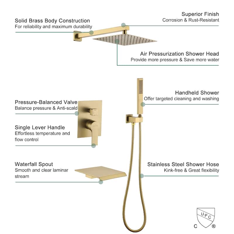3-Function Wall Mount Shower Faucet with 12 in. Fixed shower head