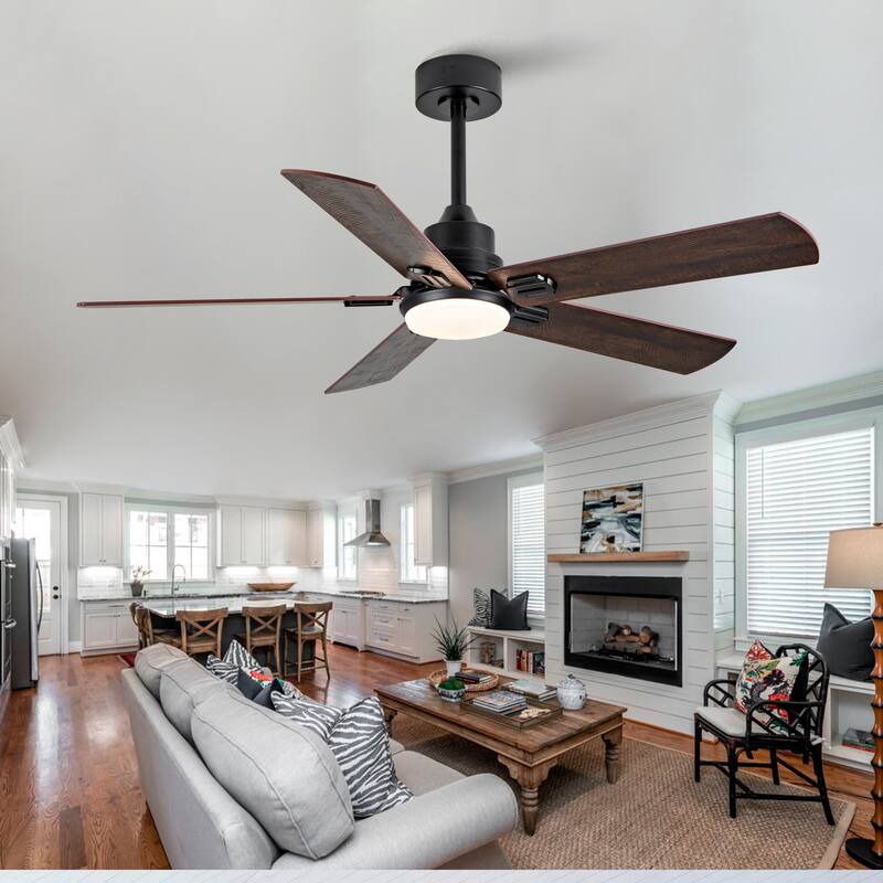 Smart 52" Indoor/Outdoor Ceiling Fan with Light, Dual Finish Black/Walnut 6-Blade, Remote & APP Control, Dimmable LED - Black + Dark Walnut