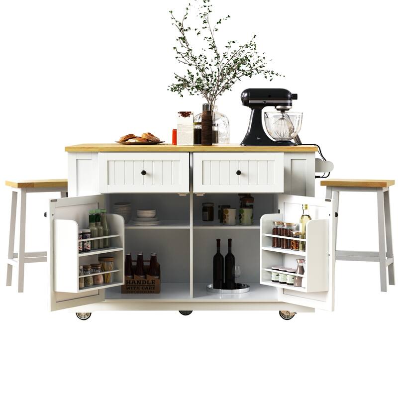 48'' Large Kitchen Island with Drop Leaf, Power Outlet, Rolling Wheels, and 5 Open Side Racks - 48'' x 29.75'' x 36.75''