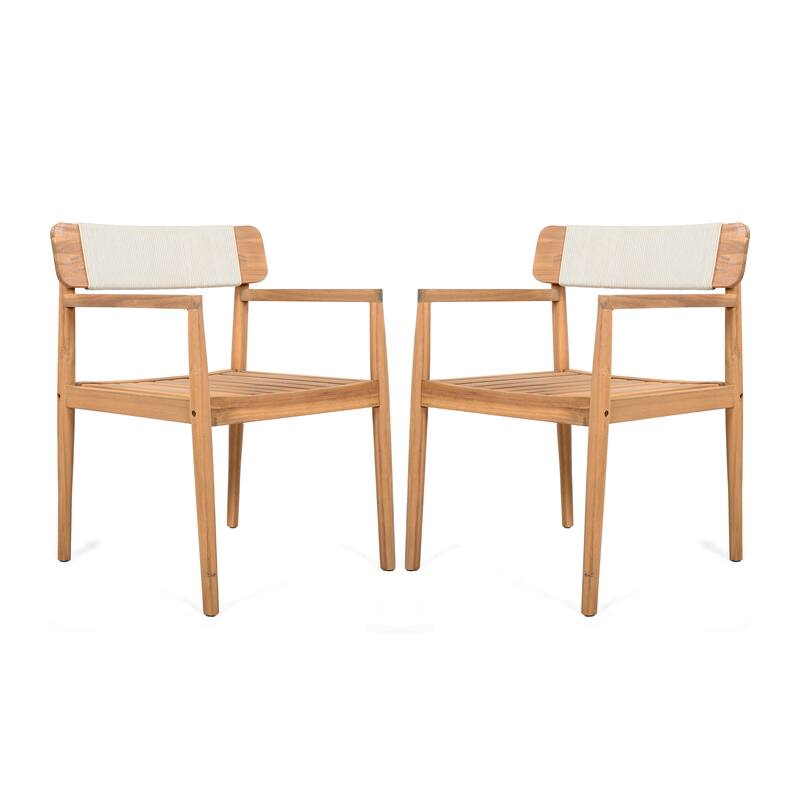 Braided Acacia Wood Dining Set (2-Piece) – Teak-Finished Table & Armchair Pair with White Rope Accents for Patio/Garden‌. - Teak,White