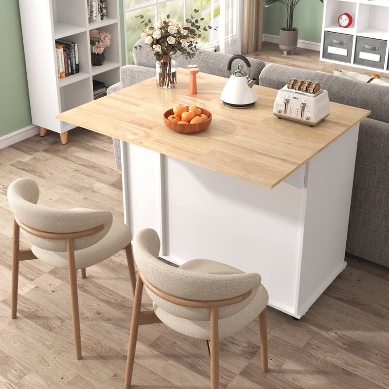 Kitchen Island with Drop Leaf, 3 Tier Pull Out Cabinet Organizer, Internal Storage Rack, Rolling Kitchen Cart on Wheels