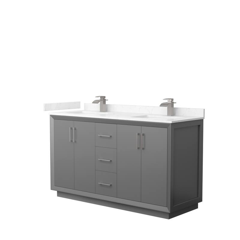 Strada 60-Inch Double Vanity Set, Cultured Marble Top - Dark Gray, Nickel Trim,Carrara Cultured Marble Top