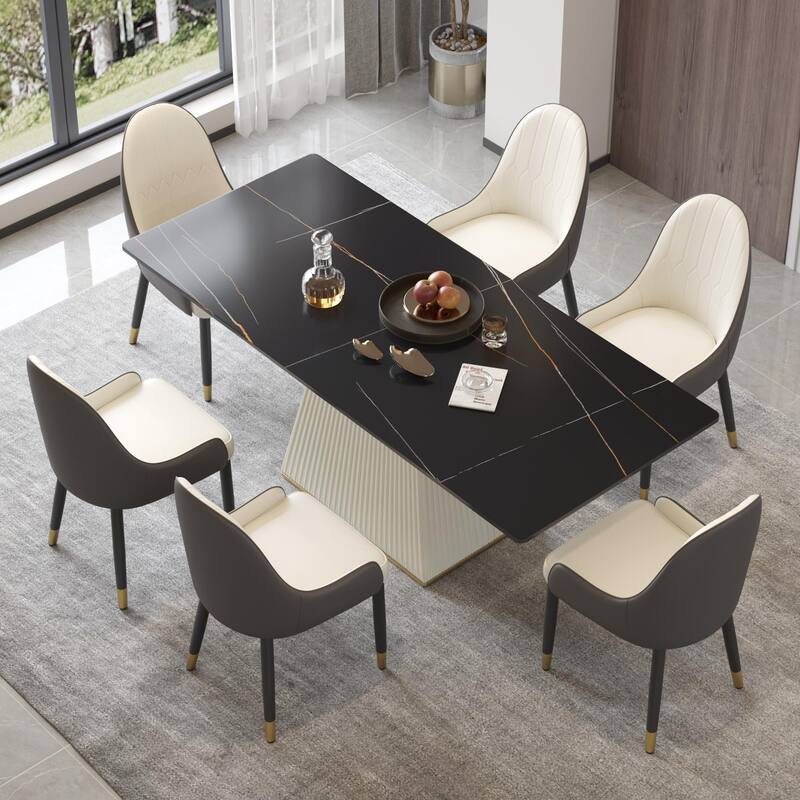 Elegant Faux Marble Dining Table Slate Panel Kitchen Table With Square Pedestal - Black - 78.74"