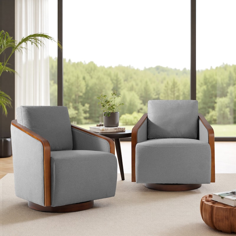 Set of 2 Modern Swivel Accent Barrel Chairs with Wood Arms