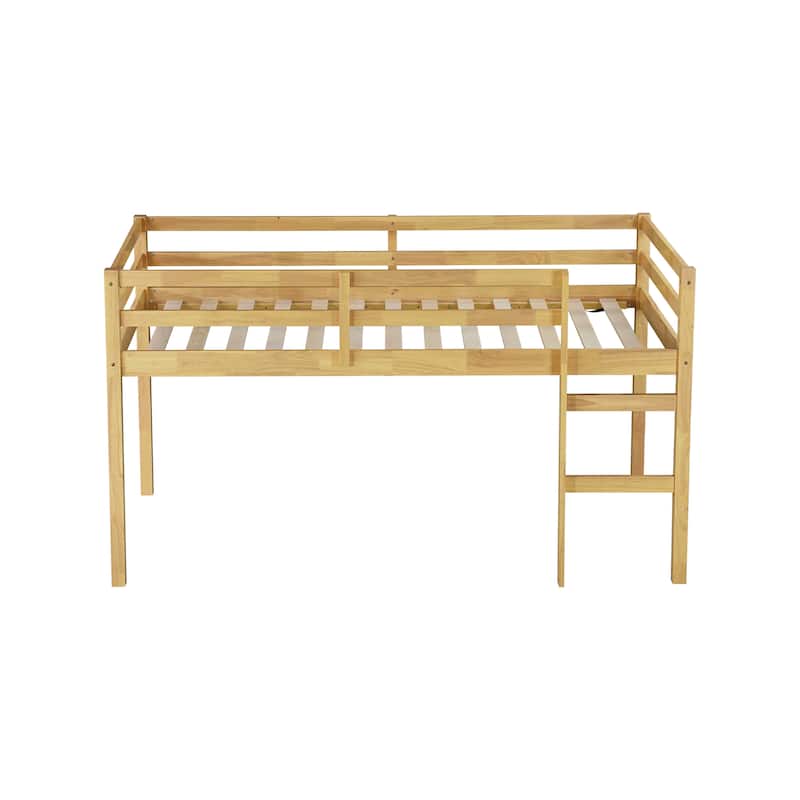 Natural Rubber Wood Twin Loft Bed with Ladder and Strengthened Slats, Low Height Design for Safety