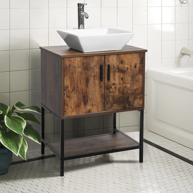 24" Bathroom Vanity Sink Set Brown Free-standing Manufactured Wood with Sink Faucet Drain Combo