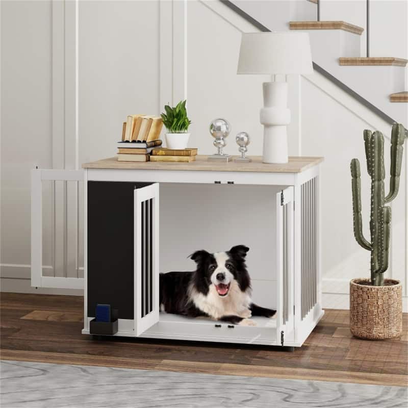 White Dog Crate with Steel Bars, Double Front Doors - 38.6" W x 25.6" D x 30.7" H