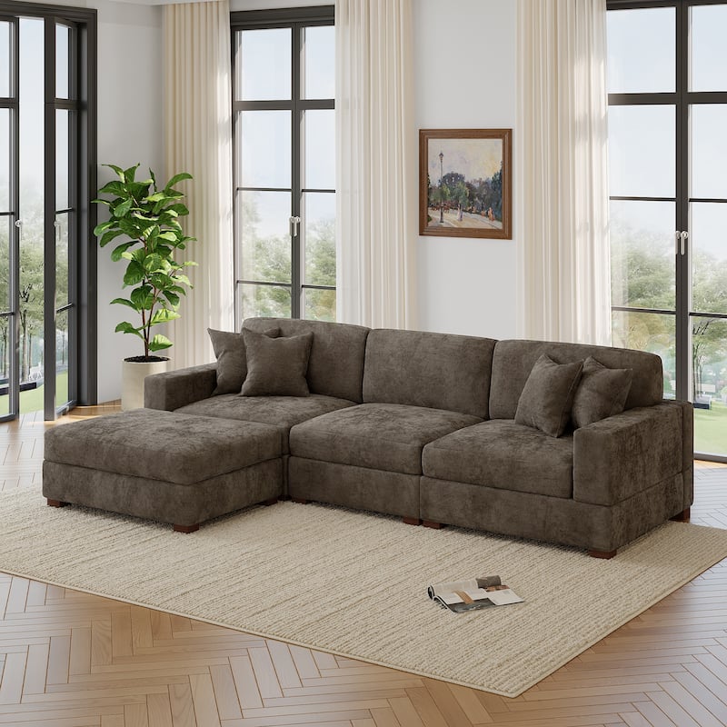 Modern Oversized Chenille Modular Sectional Sofa with Ottoman - Camel-4 Piece
