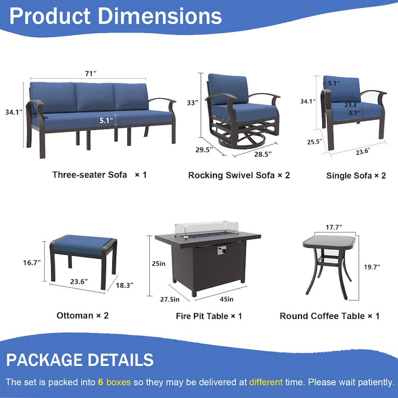 Aluminum Patio Outdoor Sectional Sofa Set with Fire Pit, Swivel Rocking Chairs and Ottomans