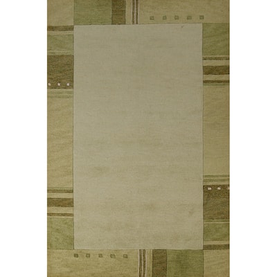 Green Gabbeh Indian Area Rug Geometric Handmade Wool Carpet - 5'3" x 7'7"