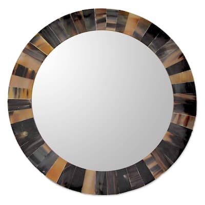 Handmade Natural Melange Buffalo Horn Wall Mirror (India) - 0.6" H x 14" Diam.