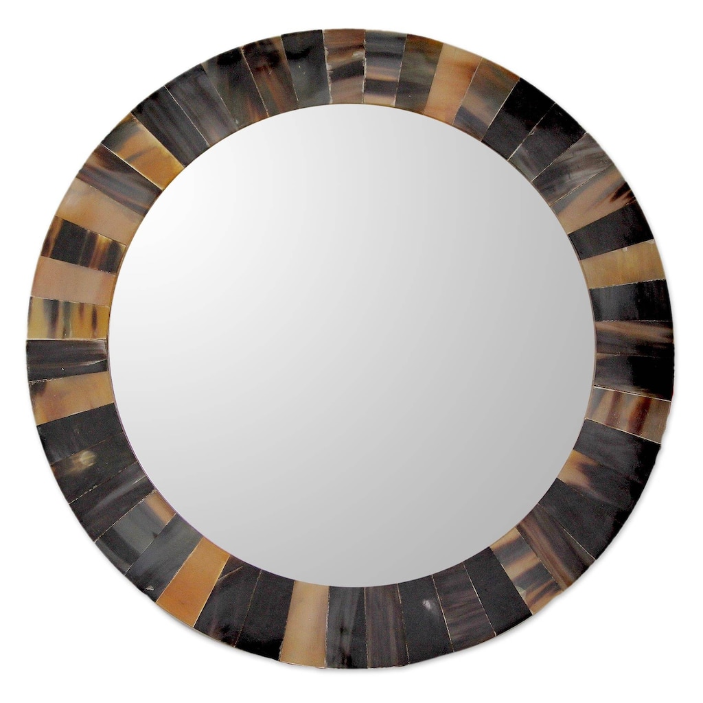 Handmade Natural Melange Buffalo Horn Wall Mirror (India) - 0.6" H x 14" Diam.
