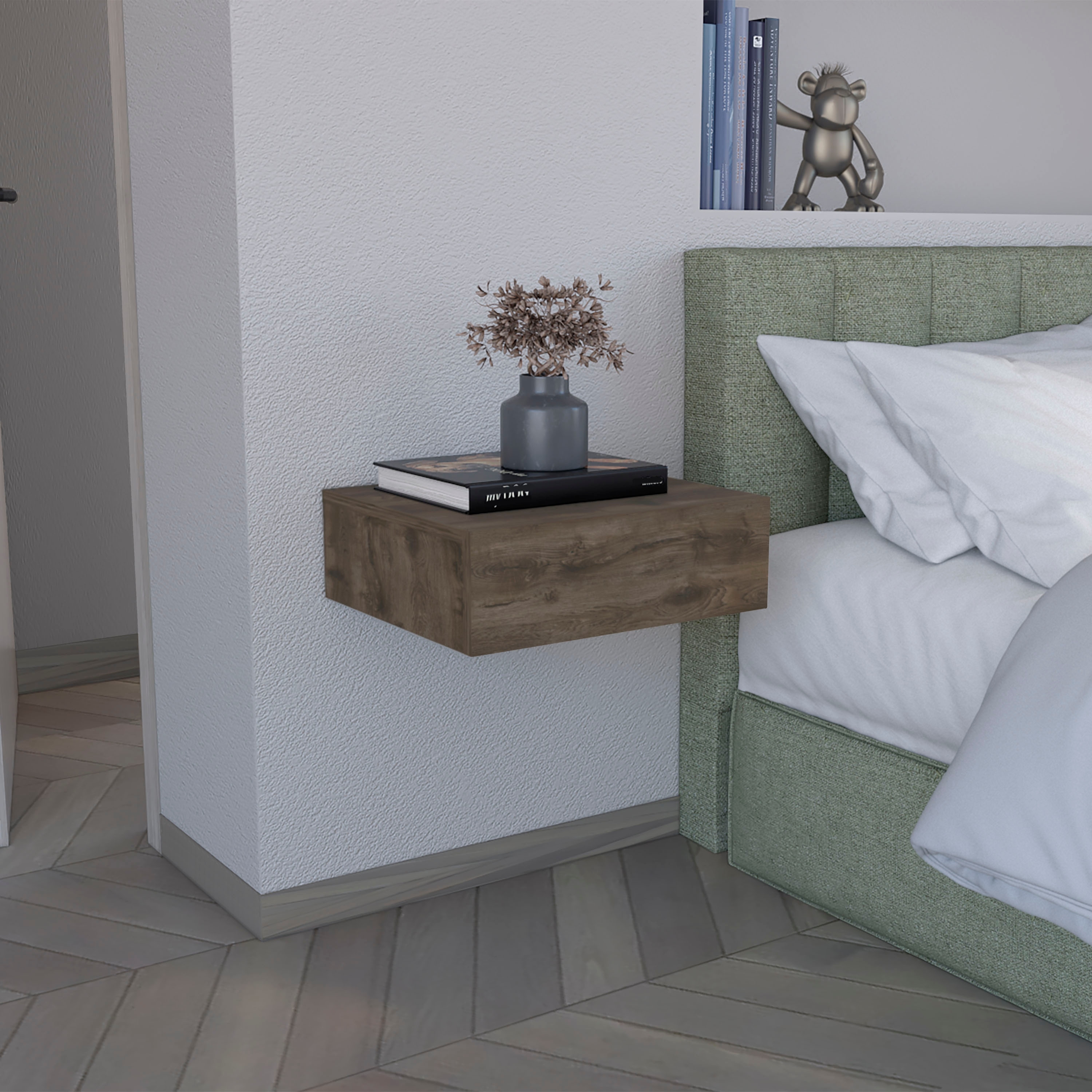Floating Nightstand 5"H,Modern Wall-Mounted Bedside Shelf with Drawer,Wooden Top Fabric Cabinet Kids Night for Bedroom