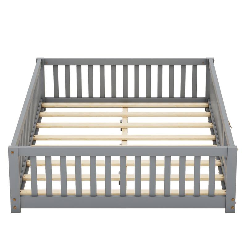 Gray Full Size Pine Wood Floor Bed with Safety Guardrails and Door for Kids, Boys, Girls, Bedroom