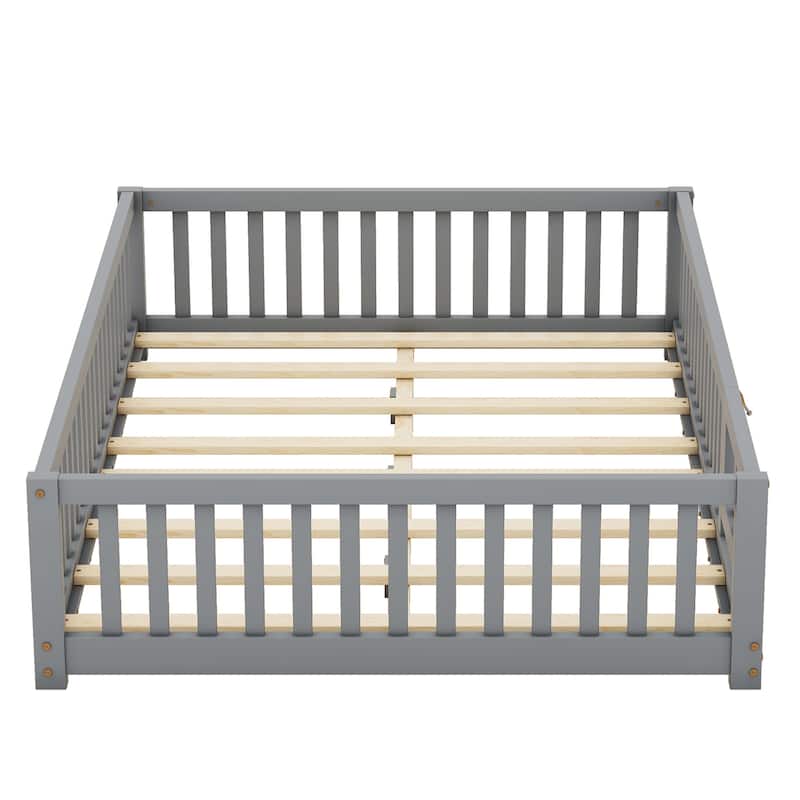 Pine Wood Floor Bed with Safety Guardrails and Door for Kids