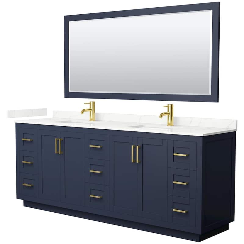 Wyndham Collection WCF292984D-QTZ-UNSM70 Miranda 84" Free Standing - Dark Blue / Giotto Quartz Top / Brushed Gold