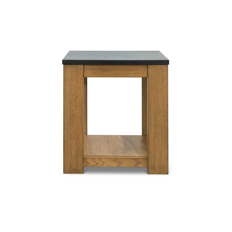 22 in. Light Brown and Black Square Wood End Table with Stone Top