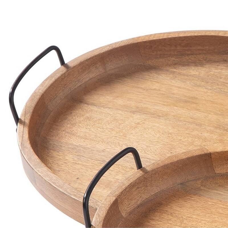 Tray with Wooden Oval Shape and Sleek Handles, Set of 2, Brown