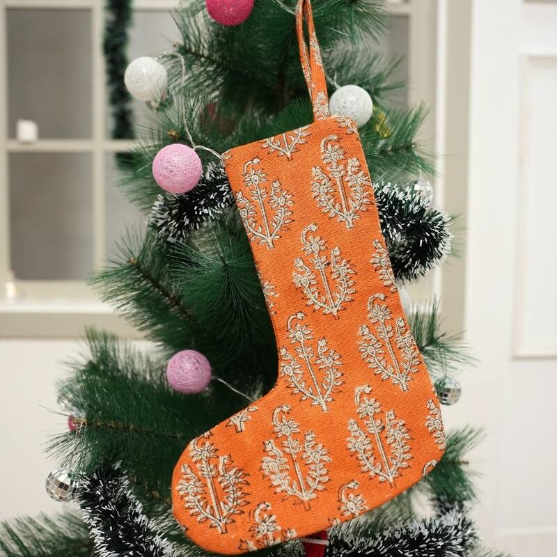 Fabdivine Linen or Cotton Hand Block Home Decorative Christmas Stockings - 16"X6.5"