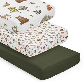 Sweet Jojo Designs Woodland Forest Animals Boy, Girl, Unisex/Gender Neutral 3 Pack Fitted Crib Sheets - Solid Green, Mushrooms