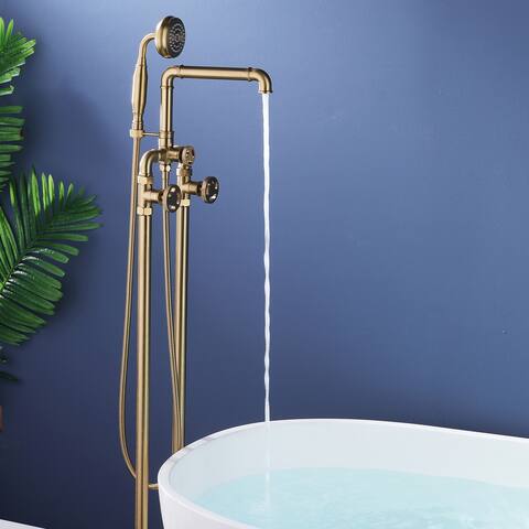 Floor Mount Bathtub Faucet Freestanding Tub Filler With Handheld Shower In Black and Gold