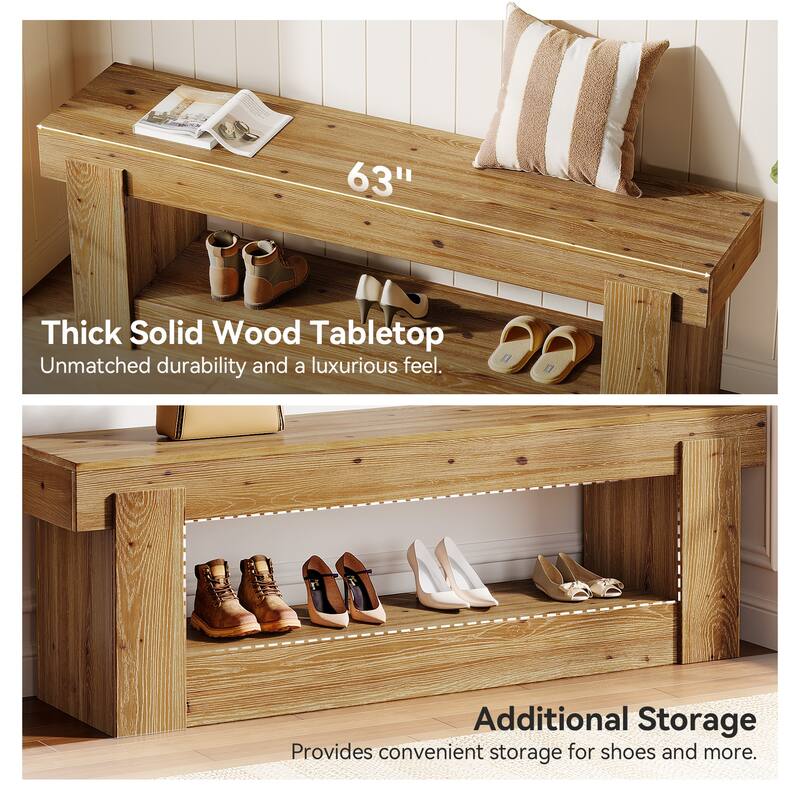 63 Inch Solid Wood Entryway Bench with Storage Shelves, 2-Tier Shoe Rack Bench, Farmhouse Storage Bench For Bedroom End of Bed