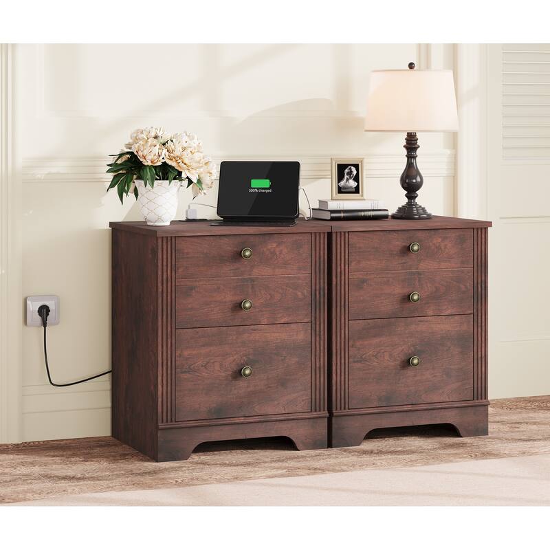 2 Drawer Wood End Table with Charging Station for Bedroom Living Room