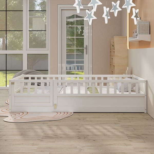 slide 2 of 7, Twin Size Floor Bed, Integral Construction with Super High Security Barrier, Door, Children's Floor Bed Frame White - Twin