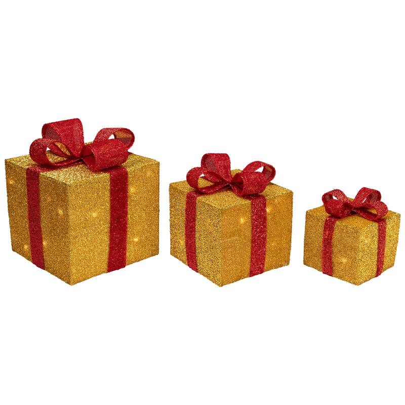 3 Gold Red Gift Boxes with Bows Lighted Christmas Outdoor Decorations