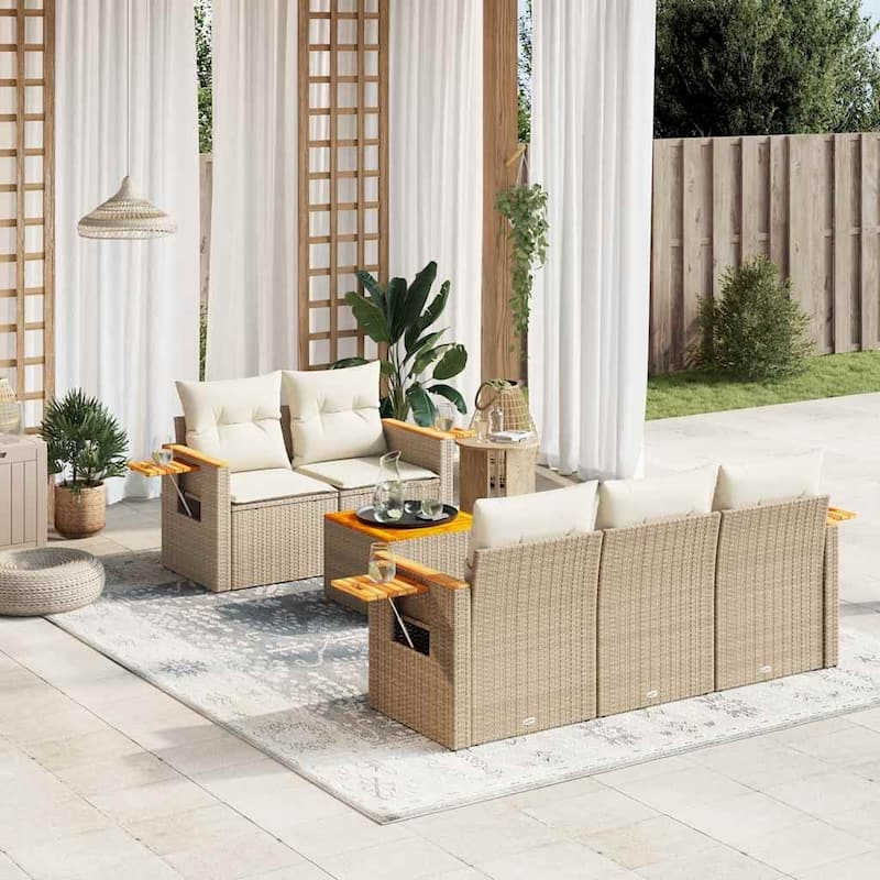 vidaXL Patio Sofa Set with Cushions Outdoor Furniture 6 Piece Poly Rattan - 24.4 x 33.5 x 27.2 in - Beige and cream