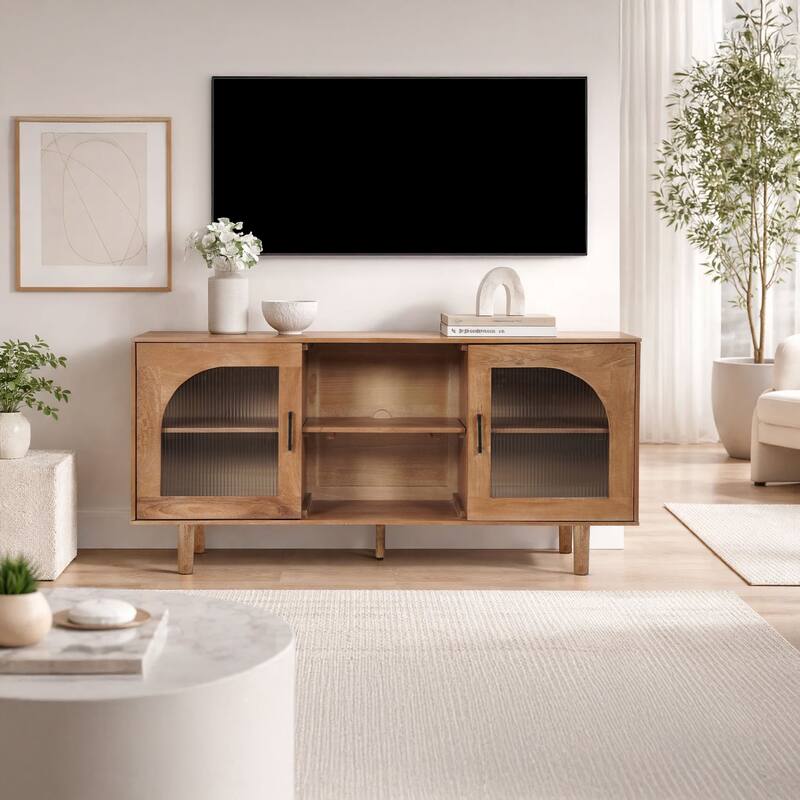 64 Inch James TV Stand Console, 2 Arch Glass Door Cabinets & Shelves, Walnut Brown Mango Wood