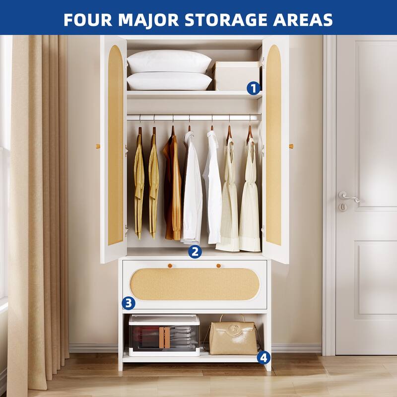 Moasis 70" Rattan Armoire Bedroom Wardrobe with Drawer & Hanging Rod