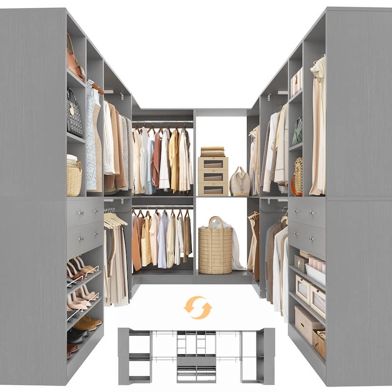 Set of 4 U-Shaped Closet Organizer System with Wood Drawers, Amoire Wardrobe with Shoe Racks