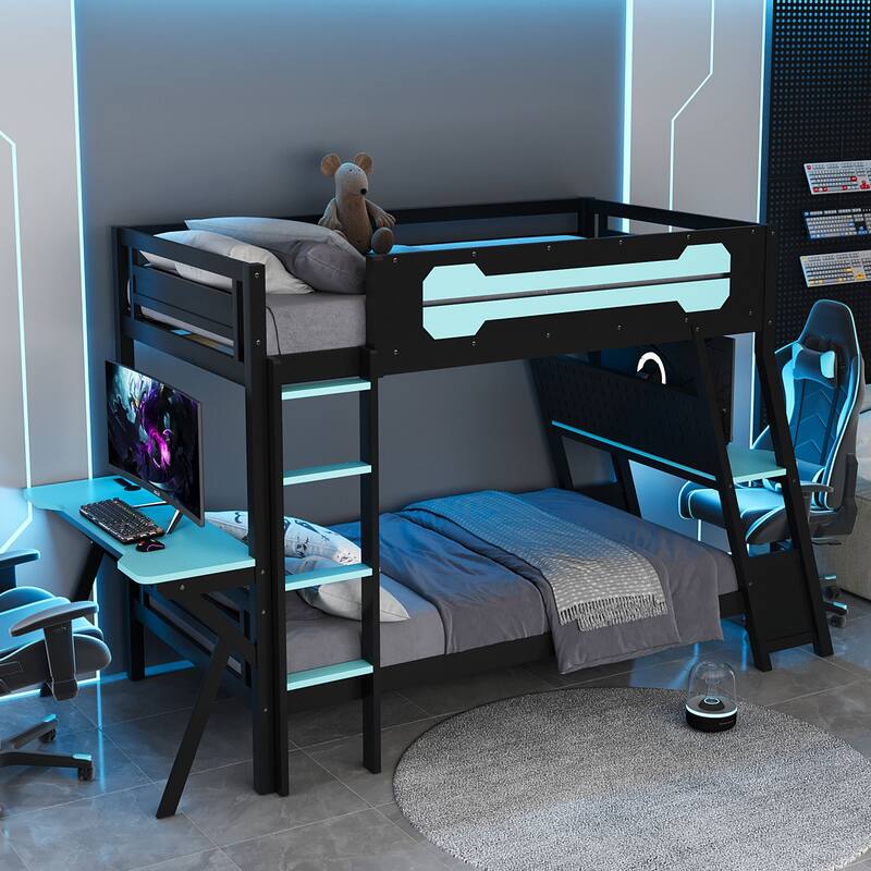 Gaming Bunk Bed Two Built-In Gaming Desks Each Side Loft Bed with USB Desktop Ports and Pegboard Organizer for Gaming Room Gamer