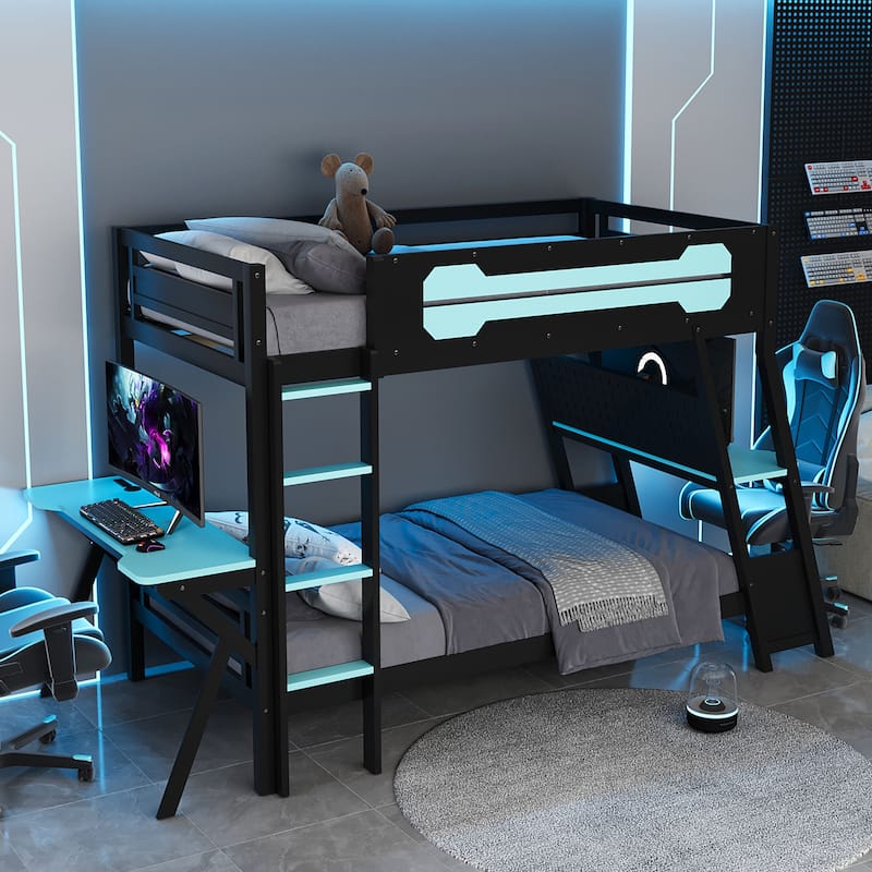 Twin Over Twin Gaming Bunk Bed with Dual Built-in Desks, USB Ports & Pegboard for Gamers