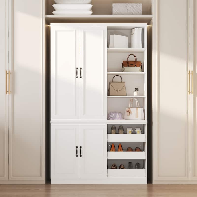 White Wardrobe Closet with Adjustable Shelves Solid Wood Frame Storage Cabinet for Home Organization