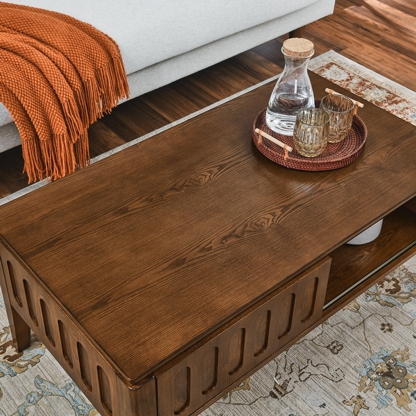 Mid-Century Modern Fluted Coffee Table with Storage Sliding Door