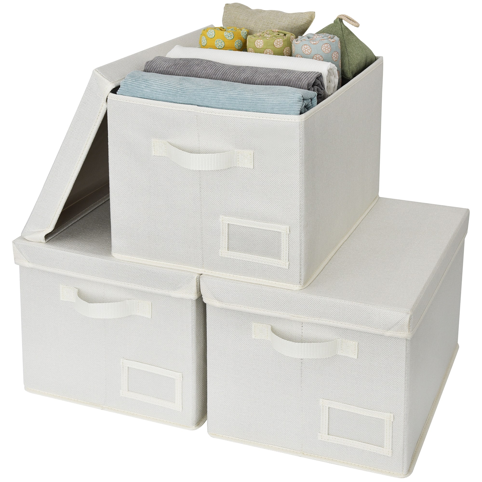 Fabric Storage Bins with Lids & Label Holder, Stackable Design, Set of 3