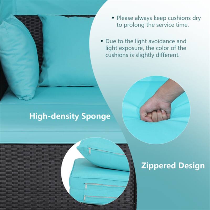 Rattan Daybed Lounge with Retractable Canopy and Side Tables - 65" x 60.5 x 58.5"