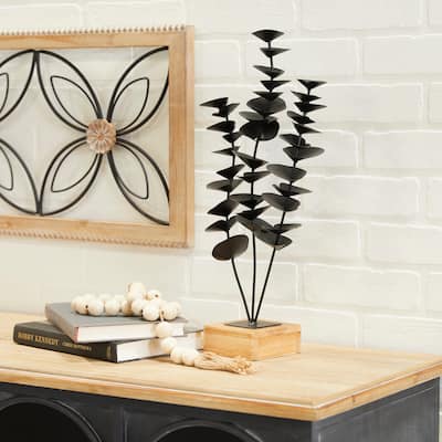 Black Metal Leaf Sculpture with Wood Base - 9 x 4 x 18