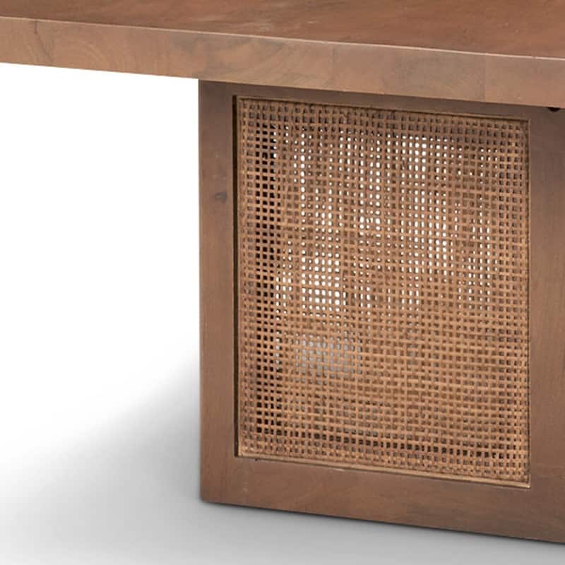 HomeRoots 42" Brown and Natural Solid Wood and Wicker Square Double Pedestal Coffee Table - 42' X '17' X '42