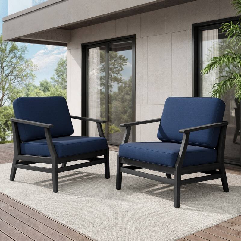Teak Outdoor Patio Club Chairs Loveseat with Cushions - Black Wood - 2 chairs/Navy