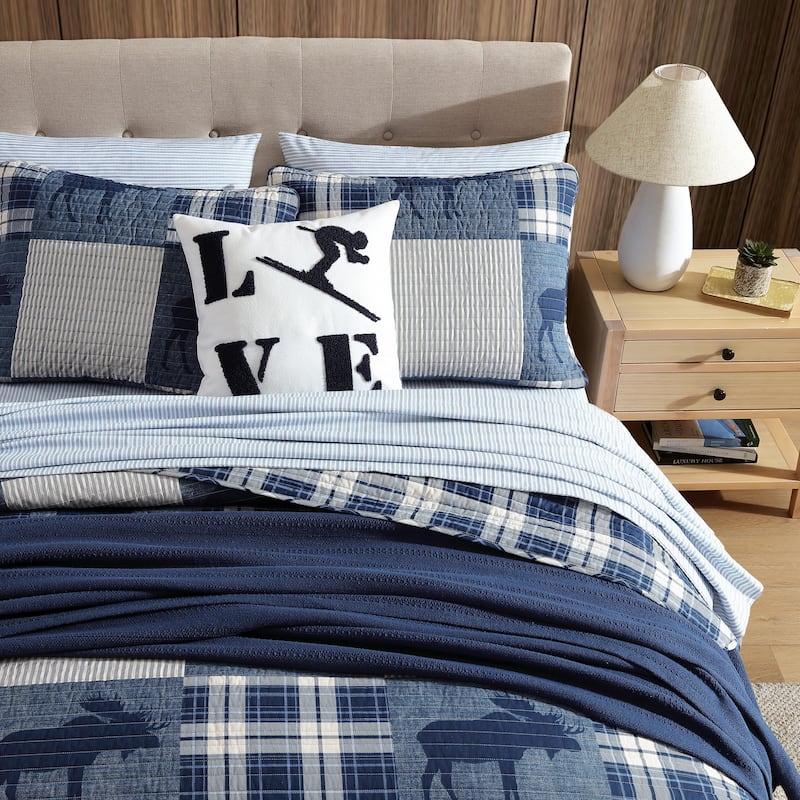 Eddie Bauer Moose Plaid Pinstripe Patchwork Cotton Blue Quilt Set