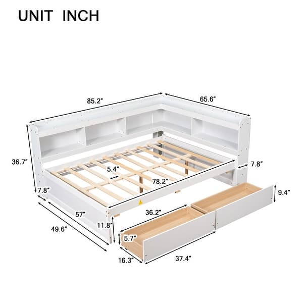 dimension image slide 5 of 6, Wood Platform Bed with L-shaped Bookcases and Drawers