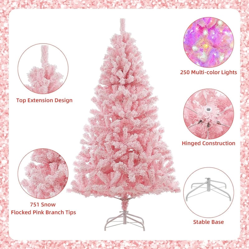 6 FT Snow Flocked Pink Pre-Lit Artificial Xmas Christmas Tree for Home Office - 6FT