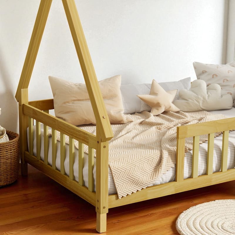 Twin Tent-Shaped Floor Bed with Guardrails, Low Platform Teepee Bed Frame with Slats, Solid Wood Design
