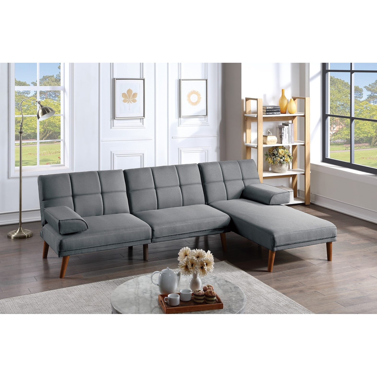 2PCS Polyfiber Adjustable Sectional Sofa Set Sofa Chaise Convertible Sofa Bed with Tufted Back and Pillow Top Armrest